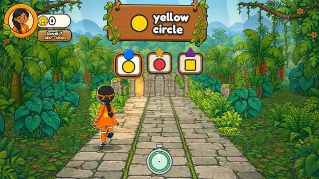 A yellow circle on the sign, and three colored shapes on boards over the jungle path's three lanes