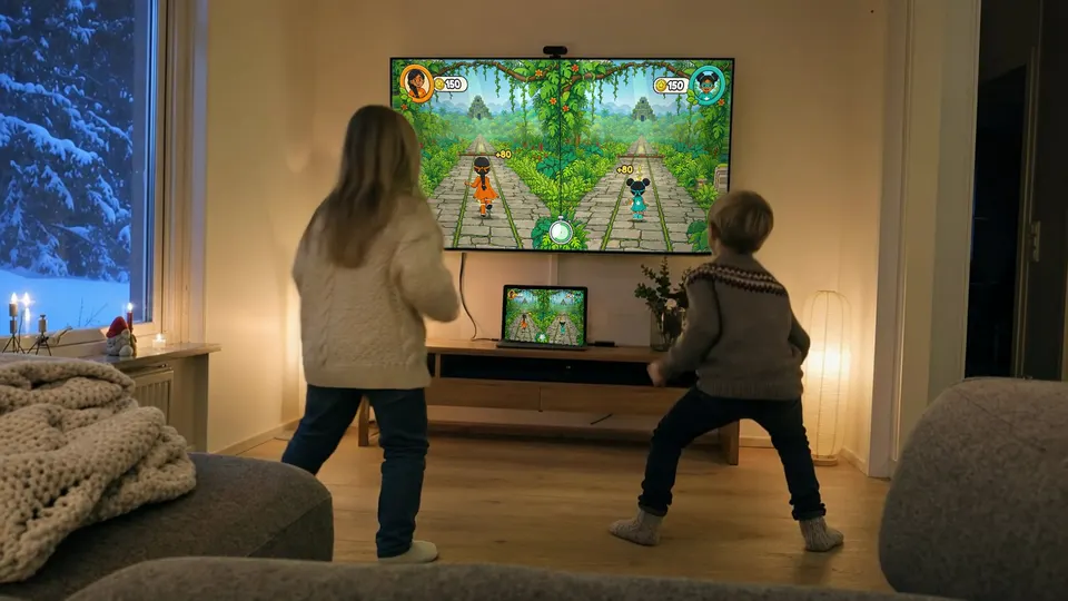 Two kids racing in front of a TV, their runners jumping on screen as they jump