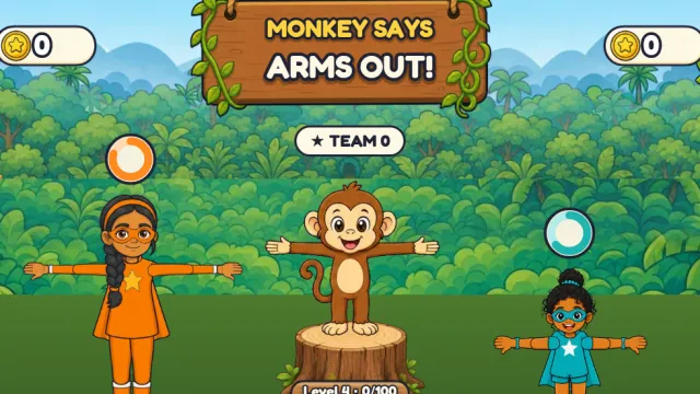 A monkey on a tree stump holding its arms out, and two girls copying it under the sign Monkey says arms out