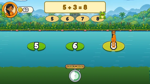 A runner on the lily pad with 8 for 5 + 3 at a jungle river, and a frog on the stones from 5 to 8