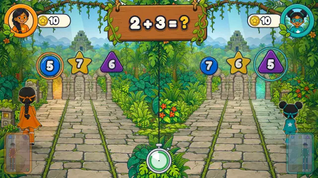 The jungle track with a sum on the sign and three answer archways, one for each runner's lane