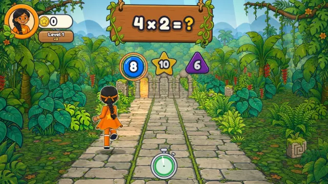 The jungle track with a times question on the sign and three answer archways, one for each runner's lane