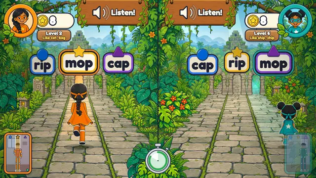 Three jungle archways with a word on each, and a sign with a speaker that says Listen
