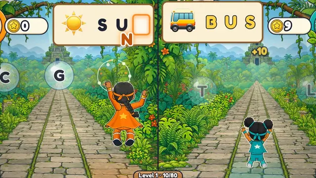 Two runners on a jungle path under letter bubbles, spelling SUN and BUS on their word cards